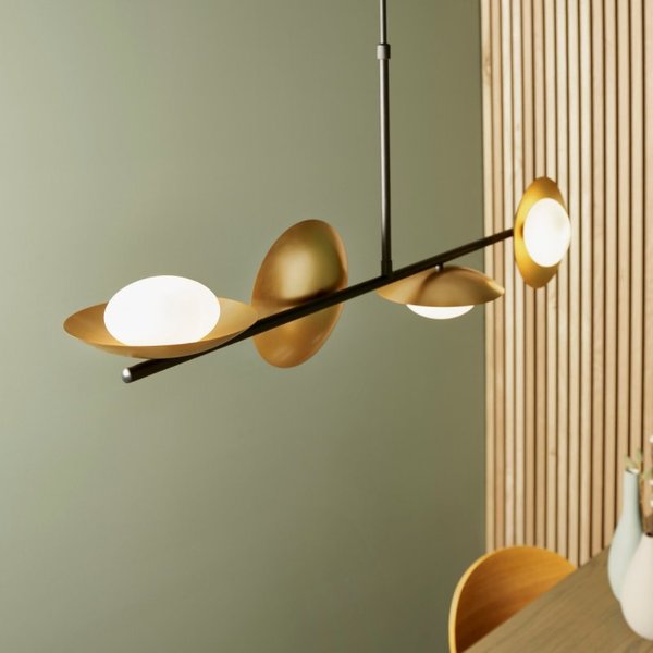 Modern 4 Light Linear Ceiling Pendant Light In Gold And Dark Bronze With Opal Shades