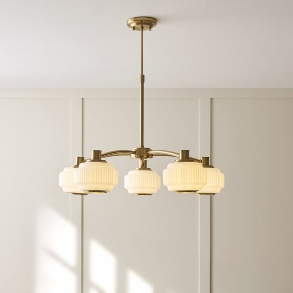 Endon 122785 Evora 5 Light Ceiling Pendant Light In Aged Brass With Opal Ribbed Glass
