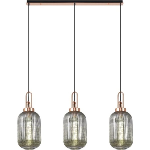 Glenn 3 Light Tubular Linear Pendant in Copper With Smoked Ribbed Glass