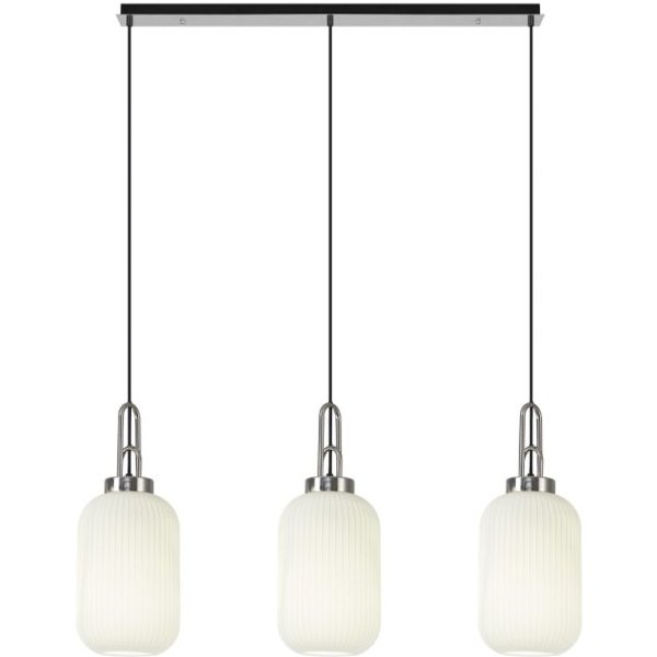 Glenn 3 Light Tubular Linear Pendant in Polished Nickel With Opal Ribbed Glass