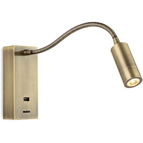 Firstlight 2895AB Clifton LED Switched Reading Wall Light In Antique Brass Finish With USB Port