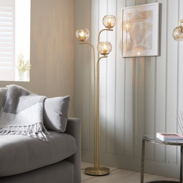 Dimple 3 Light Floor Lamp In Brushed Gold With Champagne Glass 91974