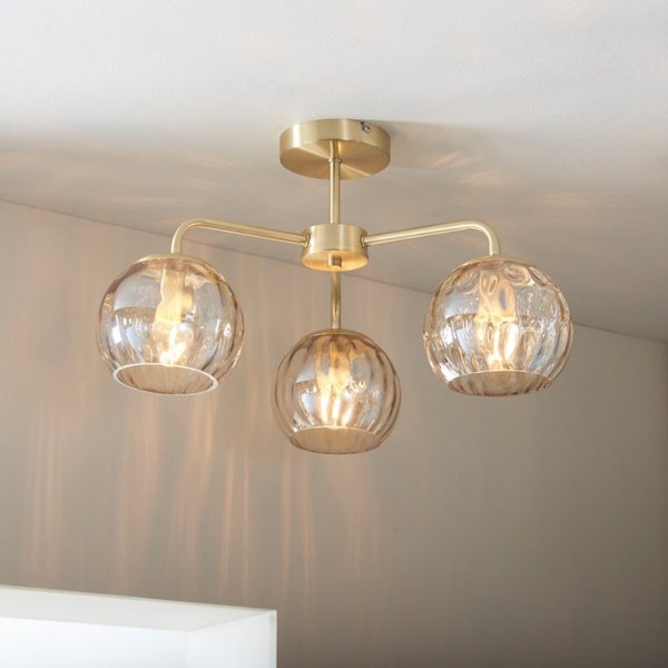 Dimple 3 Light Semi Flush Ceiling Light In Brushed Gold Finish With Champagne Glass 91968