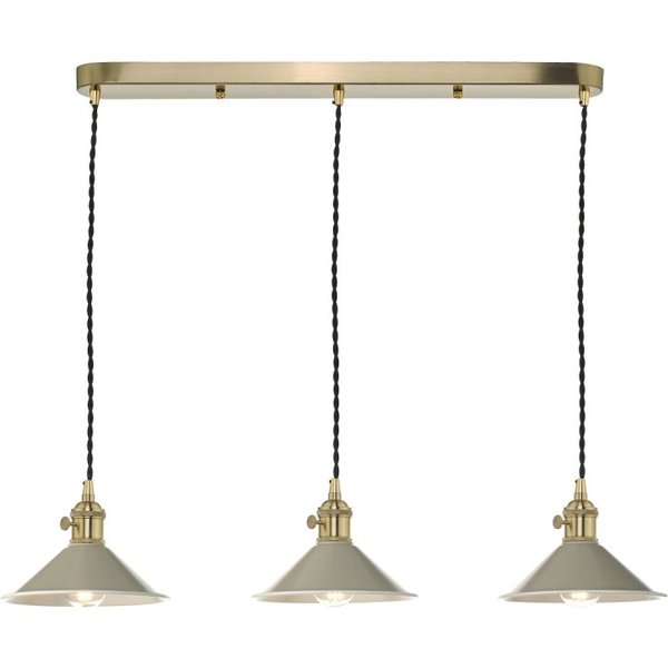 Dar Lighting Hadano 3 Light Bar Ceiling Pendant Light In Natural Brass With Taupe Shades