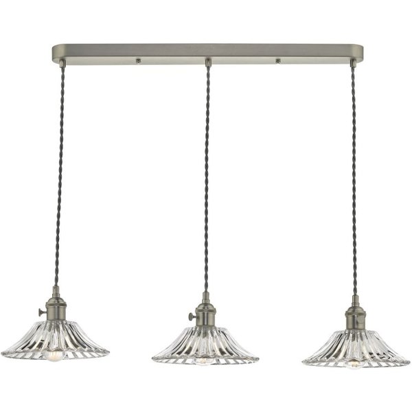 Dar Lighting Hadano 3 Light Bar Ceiling Pendant Light In Antique Chrome With Flared Glass Shades