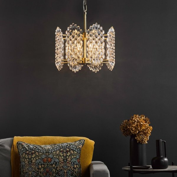 Dar Lighting Porthos 8 Light Ceiling Pendant Light In Antique Brass Finish With Textured Glass