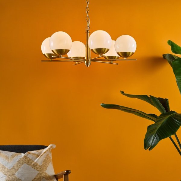 Dar Lighting Bombazine 6 Light Ceiling Pendant In Natural Brass Finish With Opal Glass