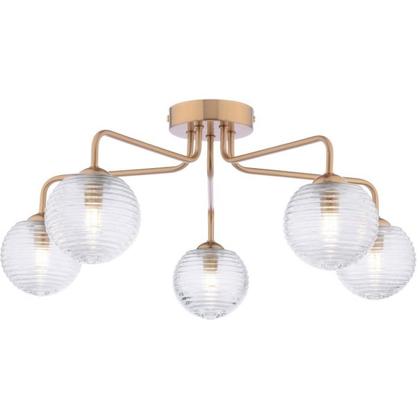 Dar Lighting Feya 5 Light Semi Flush Ceiling Light In Antique Bronze With Ribbed Glass