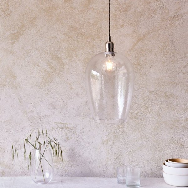Kensington Single Ceiling Pendant Light In Bright Nickel With Hammered Glass 25 cm