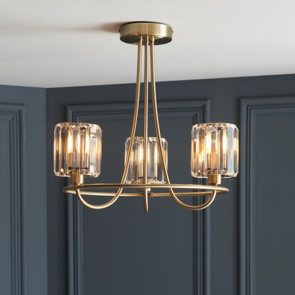 Endon 107801 Berenice 3 Light Semi Flush Ceiling Light In Antique Brass With Cut Glass Shades