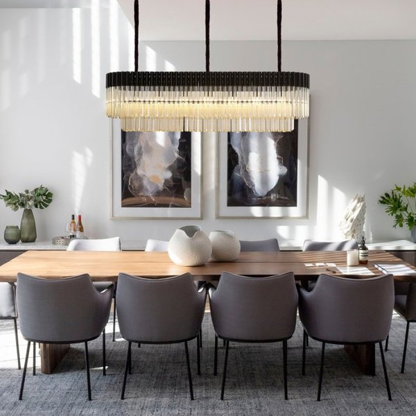 Prestige Metro Rectangular Ceiling Pendant Light In Matt Black With Cognac Sculptured Glass 150cm
