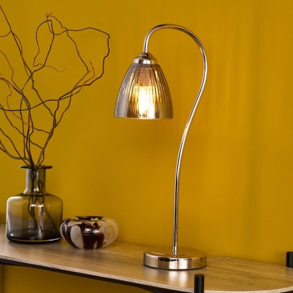 Dar Lighting Glynis Table Lamp In Polished Nickel With Smoked Ribbed Glass Shade