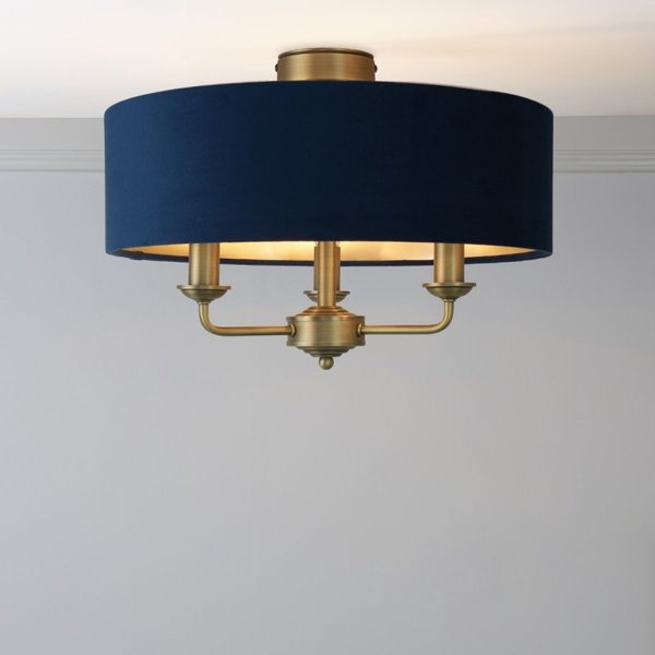 Laura Ashley Sorrento 3 Light Semi Flush Ceiling Light In Matt Antique With Blue Shade