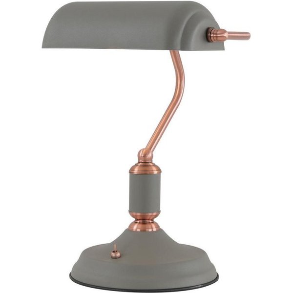 Ryde 1 Light Bankers Table Lamp In Sand Grey, Copper And White