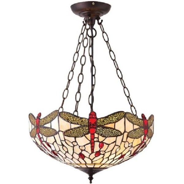 Interiors 1900 70759 Dragonfly Beige Tiffany Medium Inverted 3 Light Ceiling Pendant