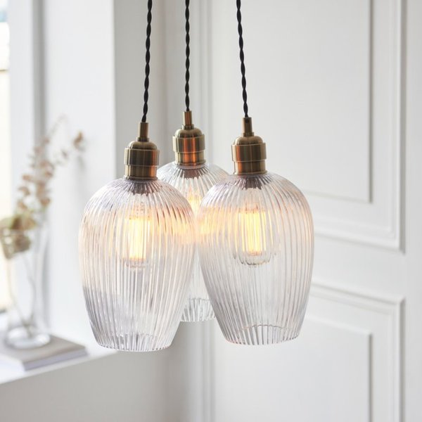 Mulberry 3 Light Custer Ceiling Pendant Light In Antique Brass With Clear Ribbed Glass Shades