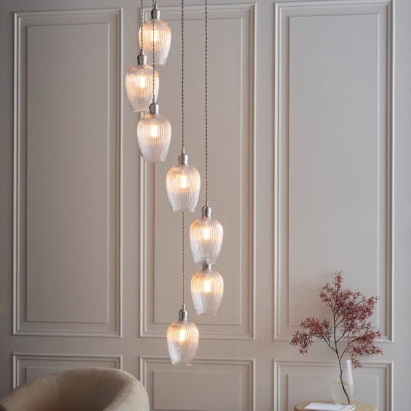 Mulberry 7 Light Cascade Ceiling Pendant Light In Bright Nickel With Clear Ribbed Glass Shades