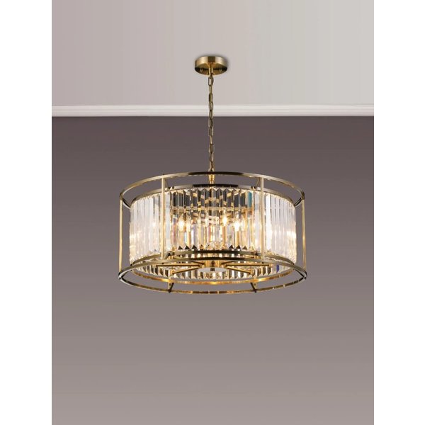Crown 65 cm Convertible Pendant Or Semi Flush Light In Antique Brass Finish with Crystal Glass