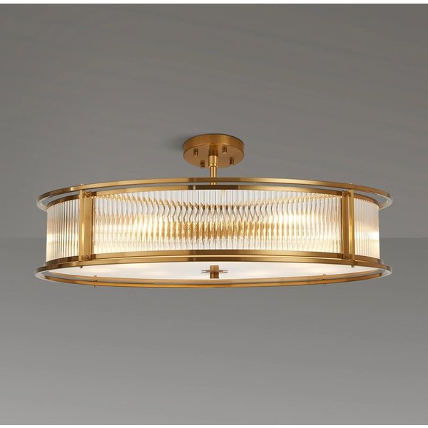 Arcade 80 cm Round Convertible Ceiling Light In Brass Finish With Clear Ribbed Glass Panels