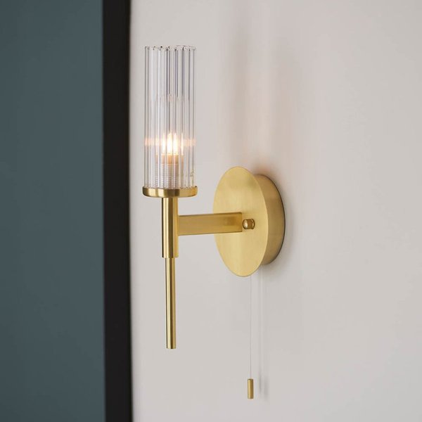 Endon 96163 Talo Bathroom Wall Light In Satin Brass With Ribbed Glass Shade IP44