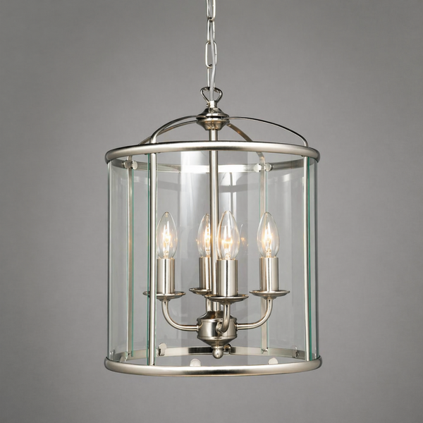 Traditional 4 Light Circular Satin Nickel Hanging Hall Ceiling Lantern Light with Glass Panels