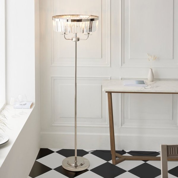 Classic 3 Light Floor Lamp In Bright Nickel With Clear Cut Glass