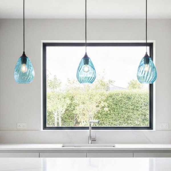 Firstlight 6848AQ Soho Ceiling Pendant Light In Matt Black with Aqua Decorative Glass