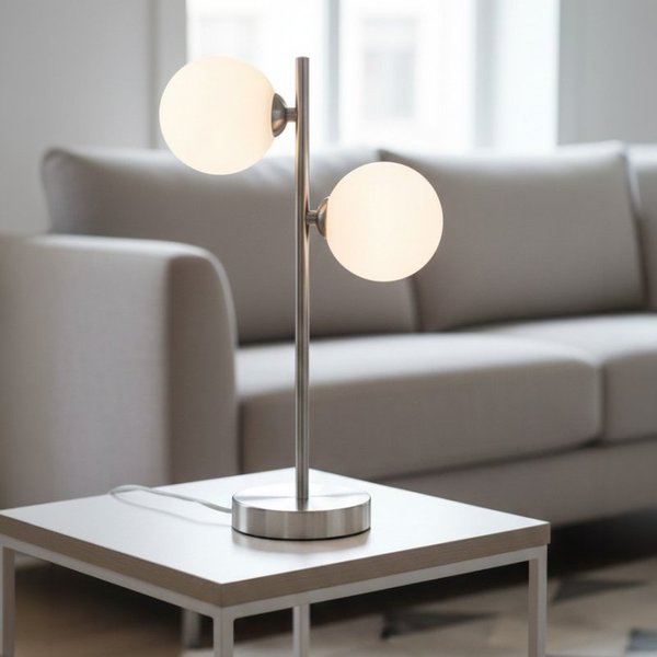 Firstlight 6933BS Lyric Table Lamp In Brushed Steel Finish With Opal White Glass