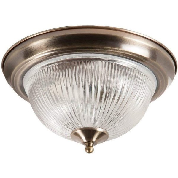 2 Light Antique Brass IP44 Bathroom Flush Ceiling Light with Clear ribbed Glass Shade