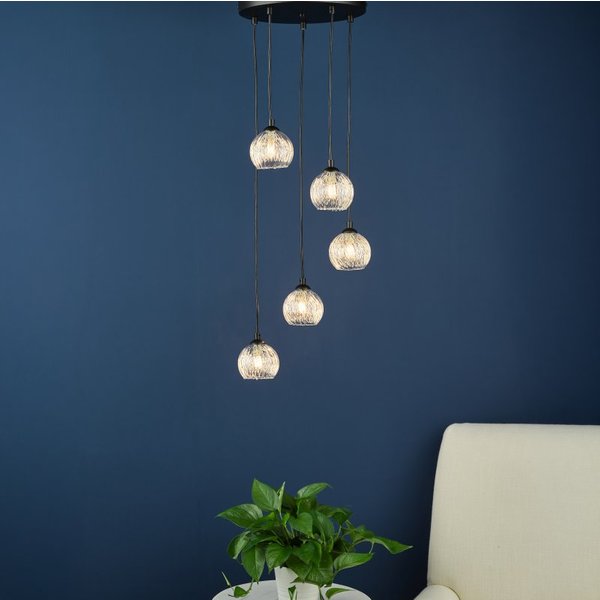 Dar Lighting Federico 5 Light Cluster Ceiling Pendant Light In Black With Wire Glass Shade