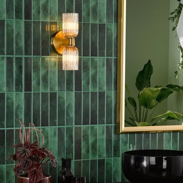 Dar Lighting Hilaria 2 Light Bathroom Wall Light In Antique Gold With Amber Ribbed Glass IP44 HIL0935