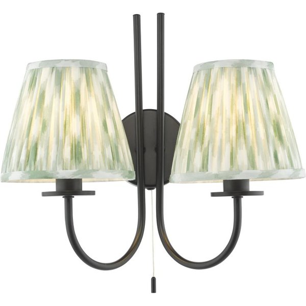 Dar Lighting Becca 2 Light Wall Light In Matt Black With Green Ikat Shades