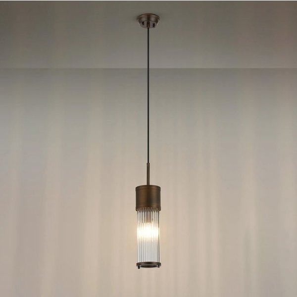 Pillar Bathroom Single Ceiling Pendant Light In Bronze And Clear Glass Rods IP44 E14