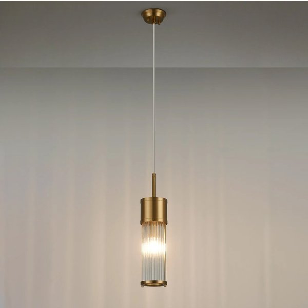 Pillar Bathroom Single Ceiling Pendant Light In Gold And Clear Glass Rods IP44 E14