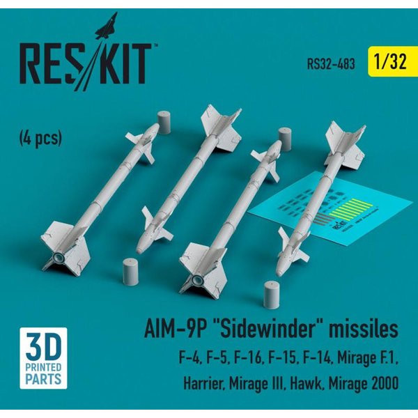 AIM-9P Sidewinder missiles (4 pcs) (F-4, F-5, F-16, F-15, F-14, Mirage F.1, Harrier, Mirage III, Hawk, Mirage 2000) (3D Printed)