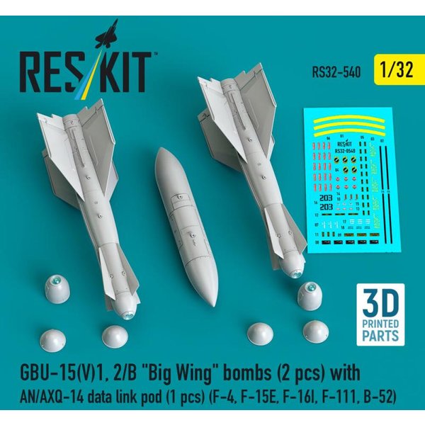 GBU-15(V)1, 2/B Big Wing bombs (2 pcs) with AN/AXQ-14 data link pod (1 pcs) (F-4, F-15E, F-16I, F-111, B-52) (3D Printed)