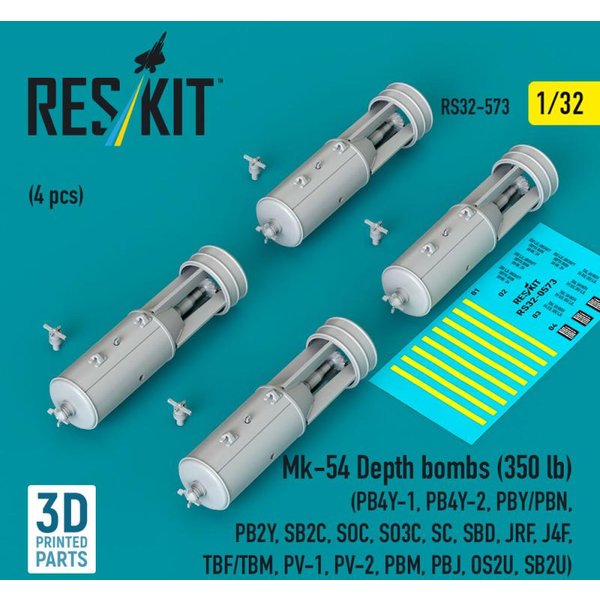 Mk-54 Depth bombs (350 lb) (4 pcs) (PB4Y-1, PB4Y-2, PBY/PBN, PB2Y, SB2C, SOC, SO3C, SC, SBD, JRF, J4F, TBF/TBM, PV-1, PV-2, PBM, PBJ, OS2U, SB2U) (3D Printed)