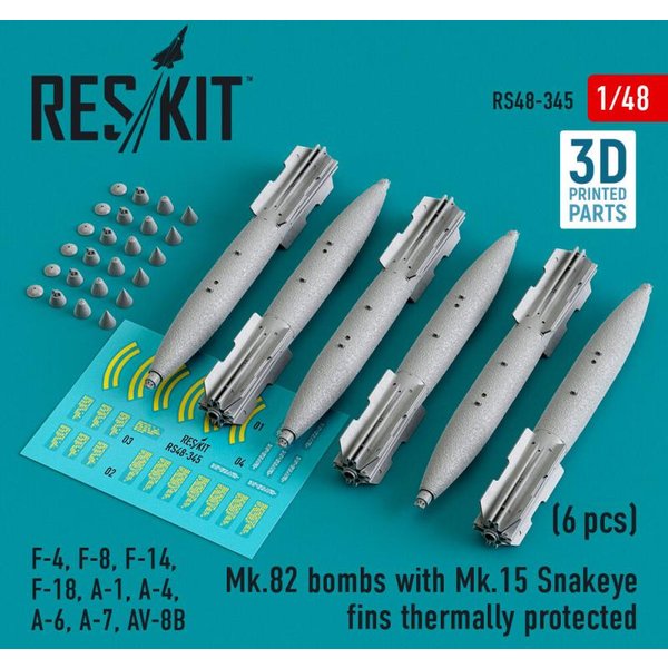 Mk.82 bombs with Mk.15 Snakeye fins thermally protected (6 pcs) (F-4, F-8, F-14 F-18, A-1, A-4, A-6, A-7, AV-8B) (3D Printed)