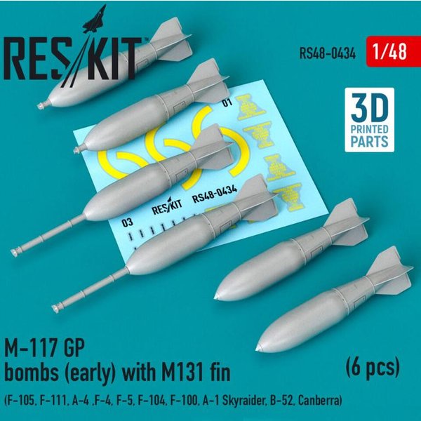 M-117 GP bombs (early) with M131 fin (6 pcs) (F-105, F-111, A-4 ,F-4, F-5, F-104, F-100, A-1 Skyraider, B-52, Canberra) (3D Printed)