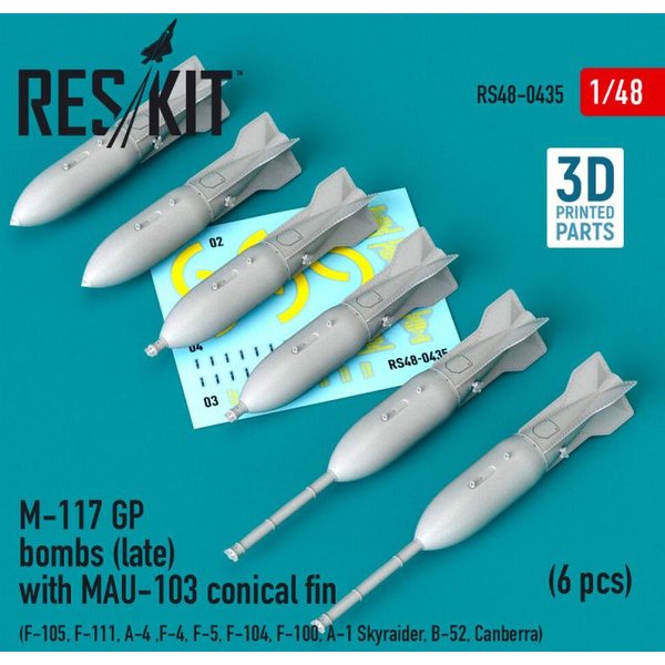 M-117 GP bombs (late) with MAU-103 conical fin (6 pcs) (F-105, F-111, A-4 ,F-4, F-5, F-104, F-100, A-1 Skyraider, B-52, Canberra) (3D Printed)