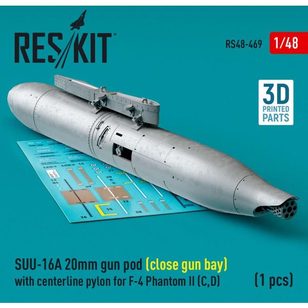 SUU-16A 20mm gun pod (close gun bay) with centerline pylon for F-4 Phantom II (C,D) (1 pcs) (3D Printed)