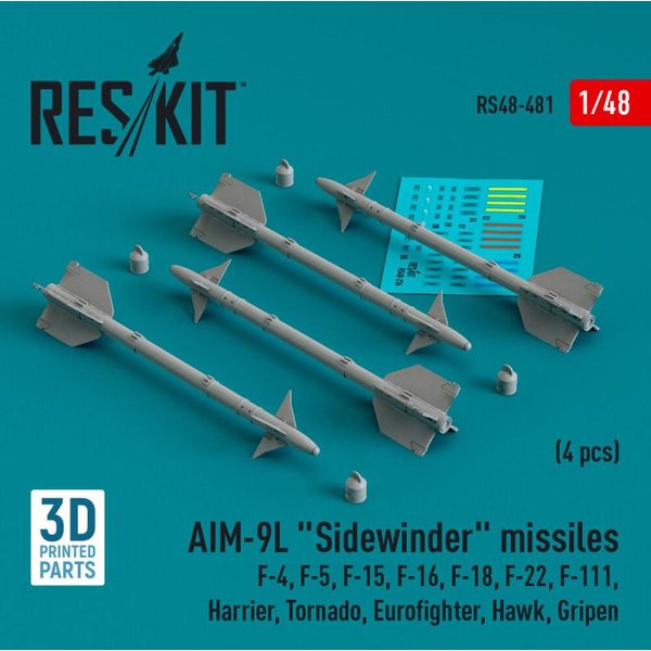 AIM-9L Sidewinder missiles (4 pcs) (F-4, F-5, F-15, F-16, F-18, F-22, F-111, Harrier, Tornado, Eurofighter, Hawk, Gripen) (3D Printed)