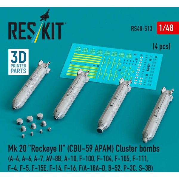 Mk 20 Rockeye II (CBU-59 APAM) Cluster bombs (A-4, A-6, A-7, AV-8B, A-10, F-100, F-104, F-105, F-111, F-4, F-5, F-15E, F-14, F-16, F/A-18A-D, B-52, P-3C, S-3B) (4 pcs) (3D Printed)