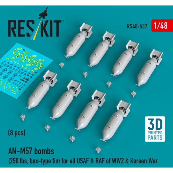 AN-M57 bombs (250 lbs, box-type fin) for all USAF & RAF of WW2 & Korean War (8 pcs) (3D Printed)