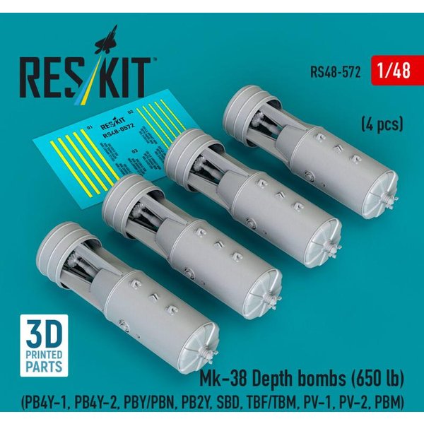 Mk-38 Depth bombs (650 lb) (4 pcs) (PB4Y-1, PB4Y-2, PBY/PBN, PB2Y, SBD, TBF/TBM, PV-1, PV-2, PBM) (3D Printed)