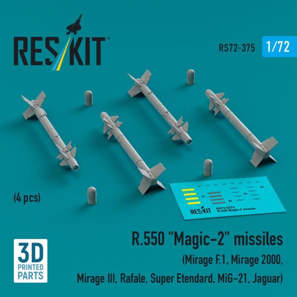 R.550 Magic-2 missiles (4 pcs) (Mirage F.1, Mirage 2000, Mirage III, Rafale, Super Etendard, MiG-21, Jaguar) (3D Printed)