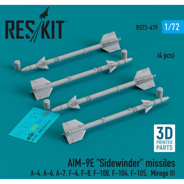 AIM-9E Sidewinder missiles (4 pcs) (A-4, A-6, A-7, F-4, F-8, F-100, F-104, F-105, Mirage III) (3D Printed)