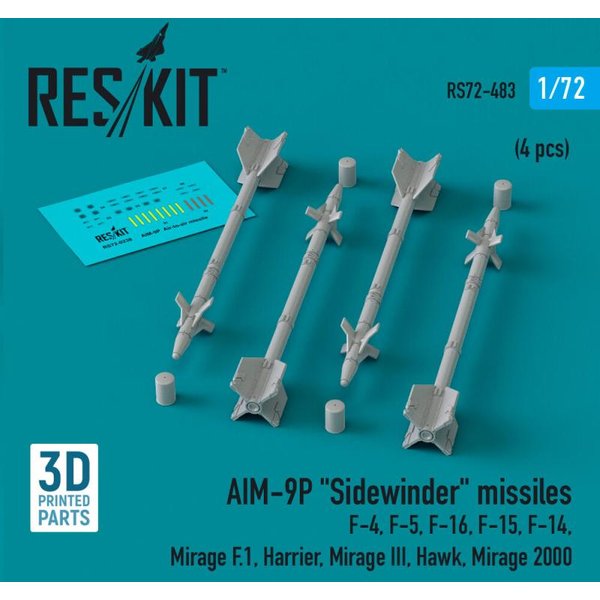 AIM-9P Sidewinder missiles (4 pcs) (F-4, F-5, F-16, F-15, F-14, Mirage F.1, Harrier, Mirage III, Hawk, Mirage 2000) (3D Printed)
