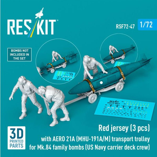 Red jerseys (3 pcs) with AERO 21A (MHU-191A/M) transport trolley for Mk.84 family bombs (US Navy carrier deck crew) (3D Printed)