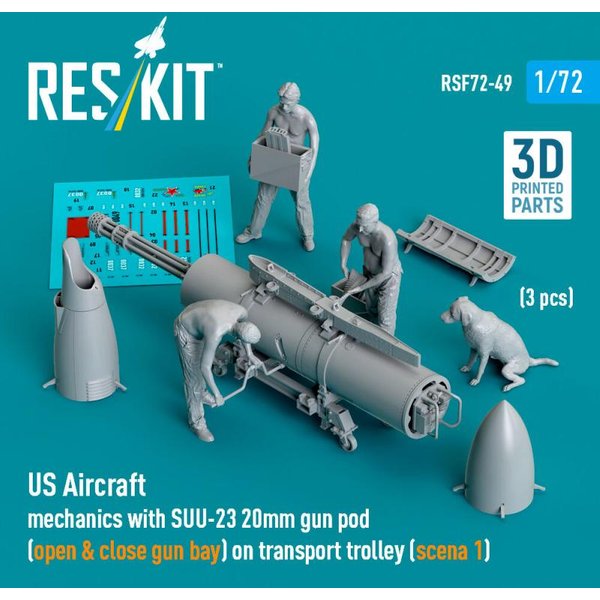 US Aircraft mechanics with SUU-23 20mm gun pod (open & close gun bay) on transport trolley (scene 1) (3 pcs) (3D Printed)